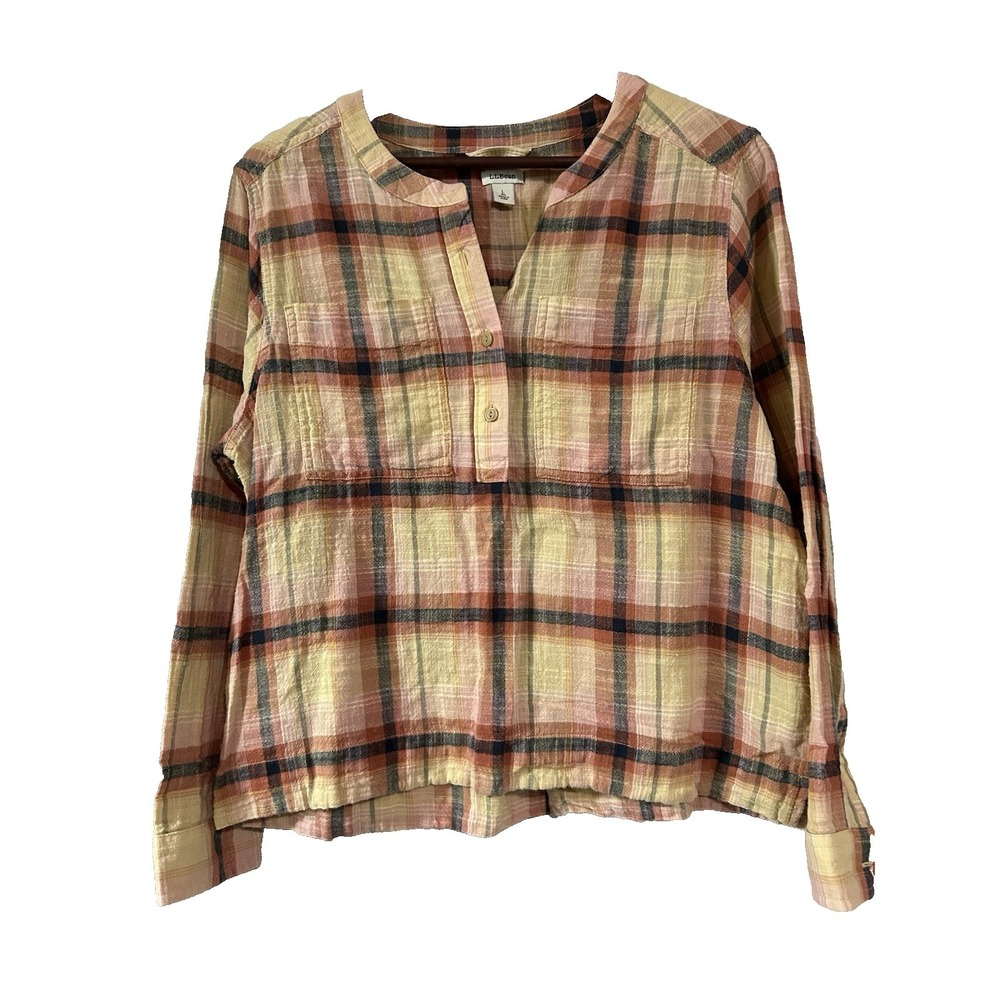 L.L.Bean Womens Plaid Henley Shirt Orange Sz L 100% Cotton Soft & Flowy Boho